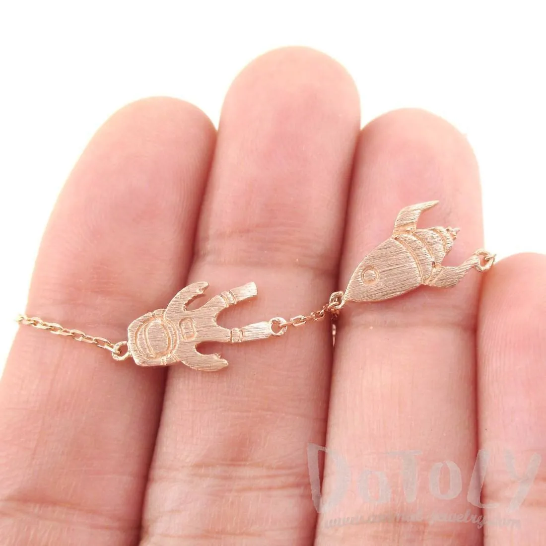 Spaceship and Astronaut Space Travel Themed Charm Necklace in Rose Gold | DOTOLY