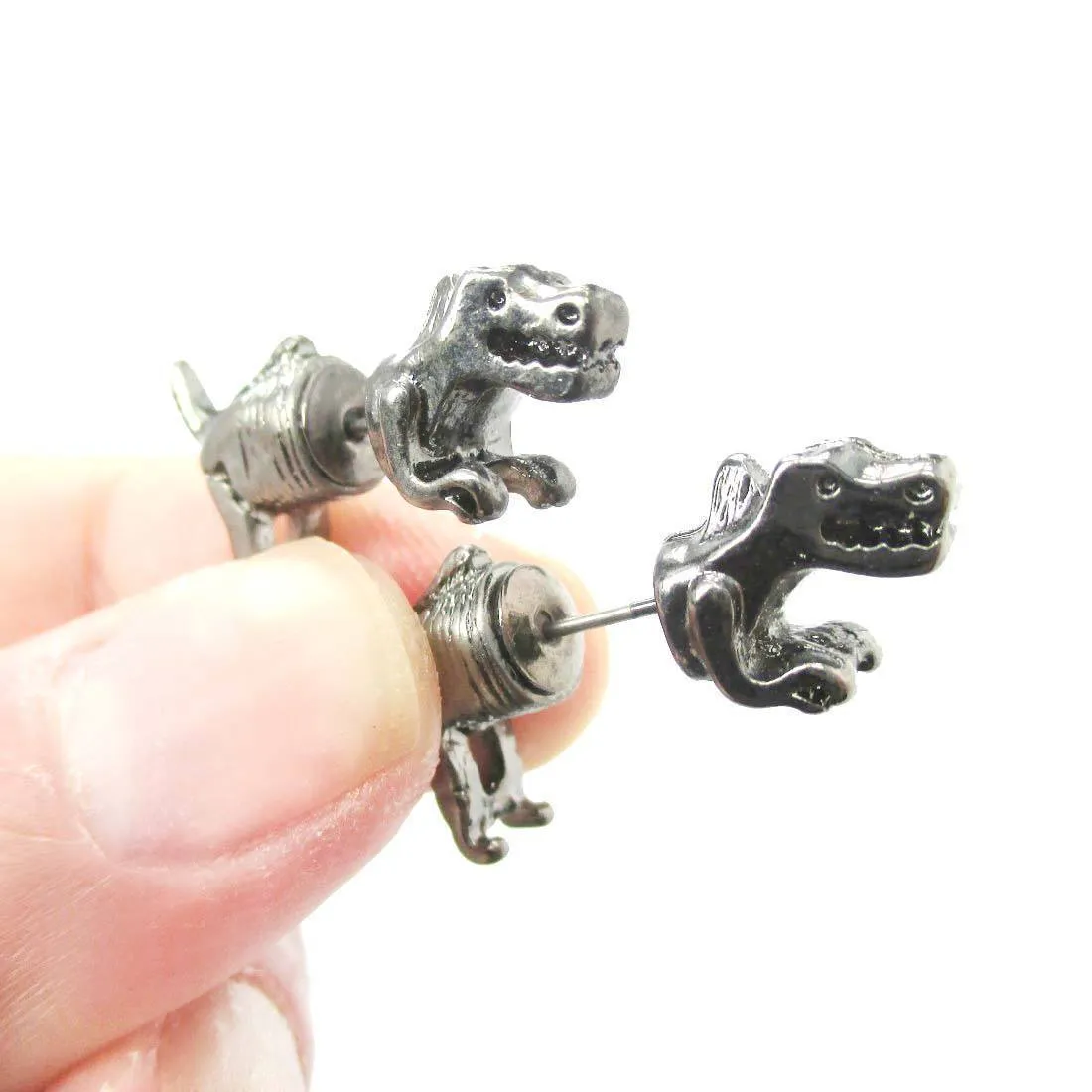 T-Rex Dinosaur Shaped Front and Back Two Part Earrings in Gunmetal Silver