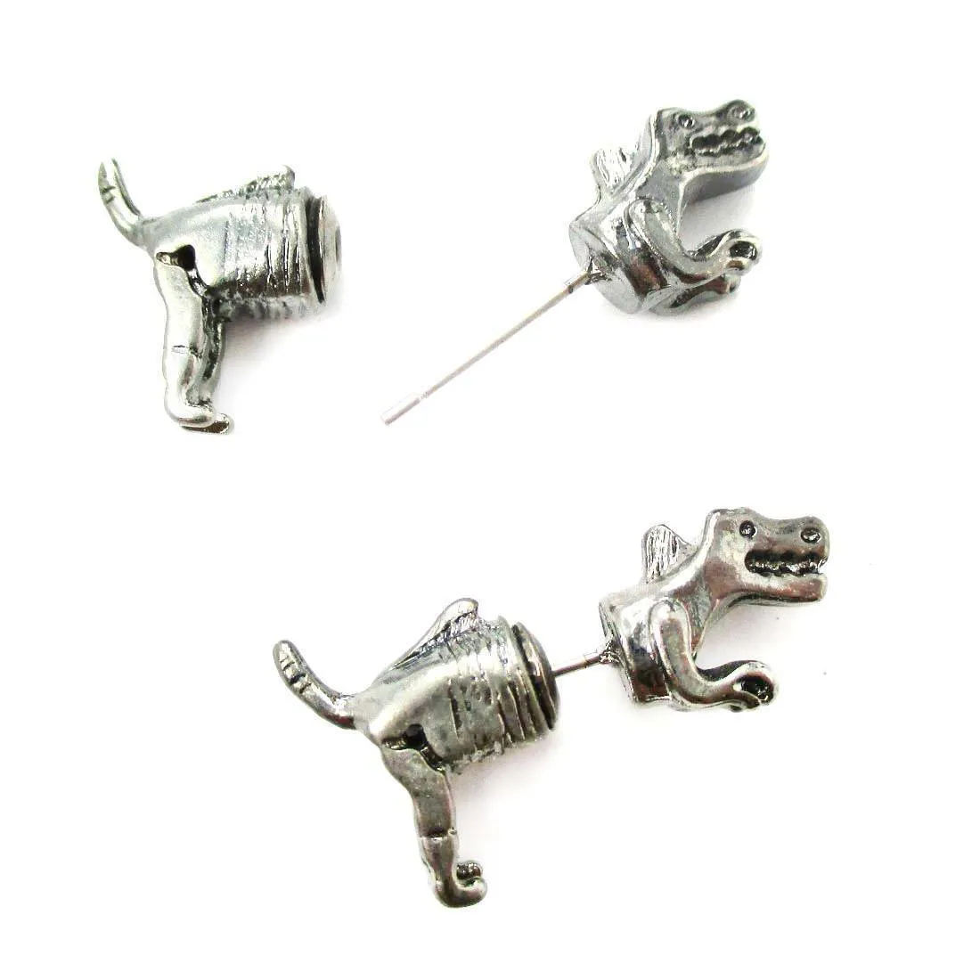 T-Rex Dinosaur Shaped Front and Back Two Part Earrings in Gunmetal Silver