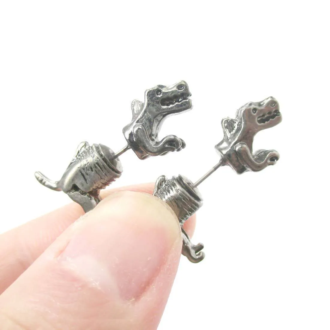 T-Rex Dinosaur Shaped Front and Back Two Part Earrings in Gunmetal Silver