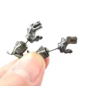 T-Rex Dinosaur Shaped Front and Back Two Part Earrings in Gunmetal Silver