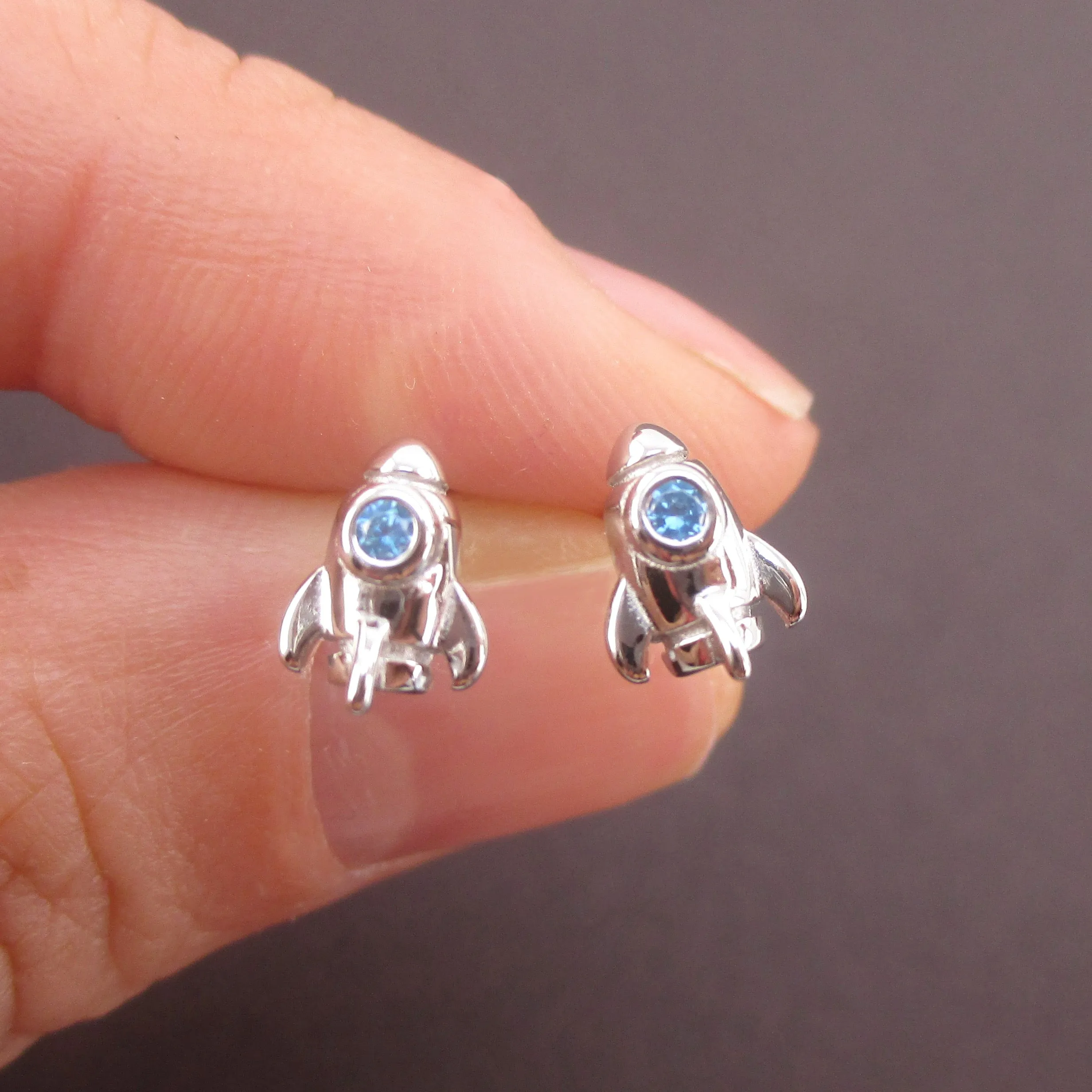 Tiny Spaceship Rocket Starship Shaped Outer Space Themed Stud Earrings in Sterling Silver