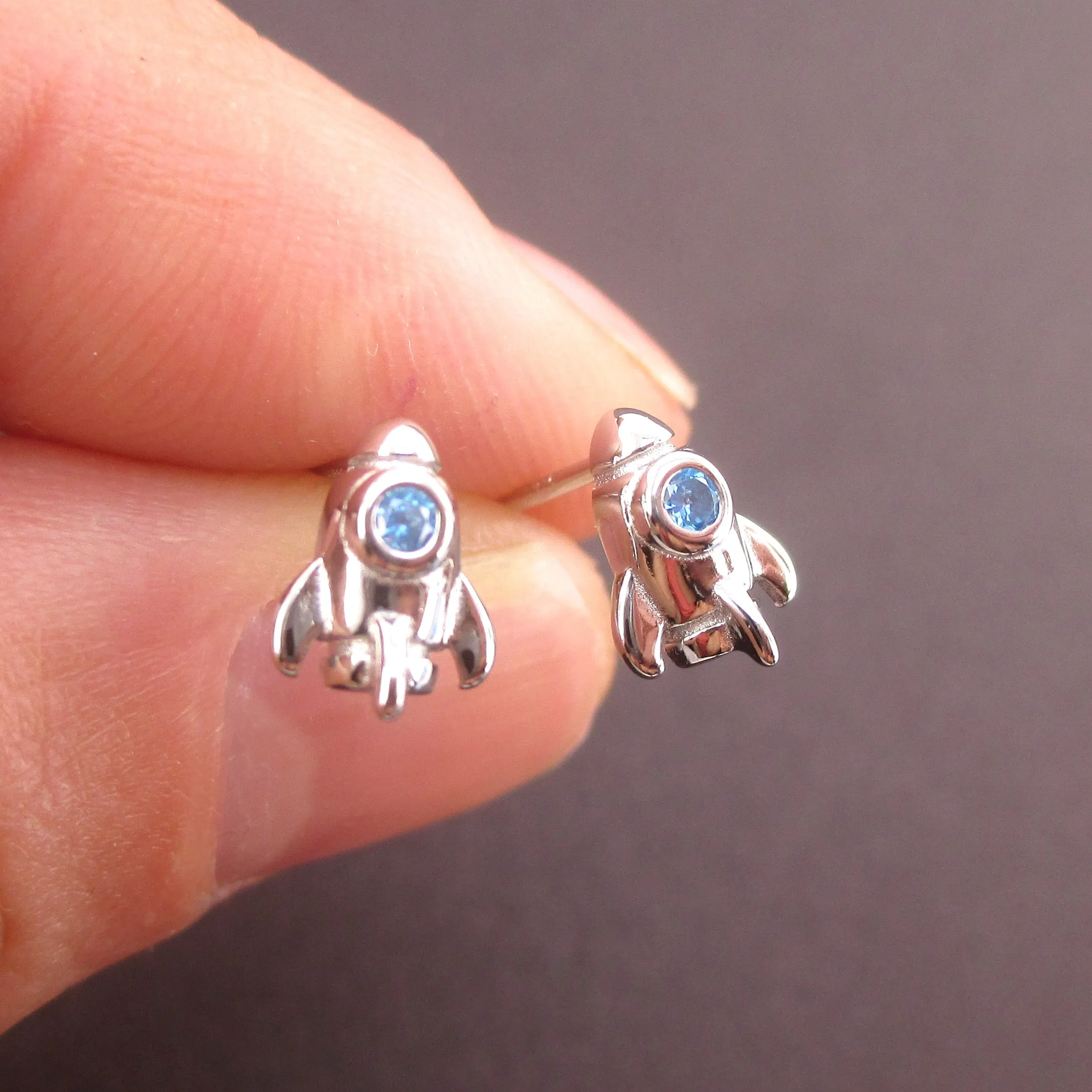 Tiny Spaceship Rocket Starship Shaped Outer Space Themed Stud Earrings in Sterling Silver