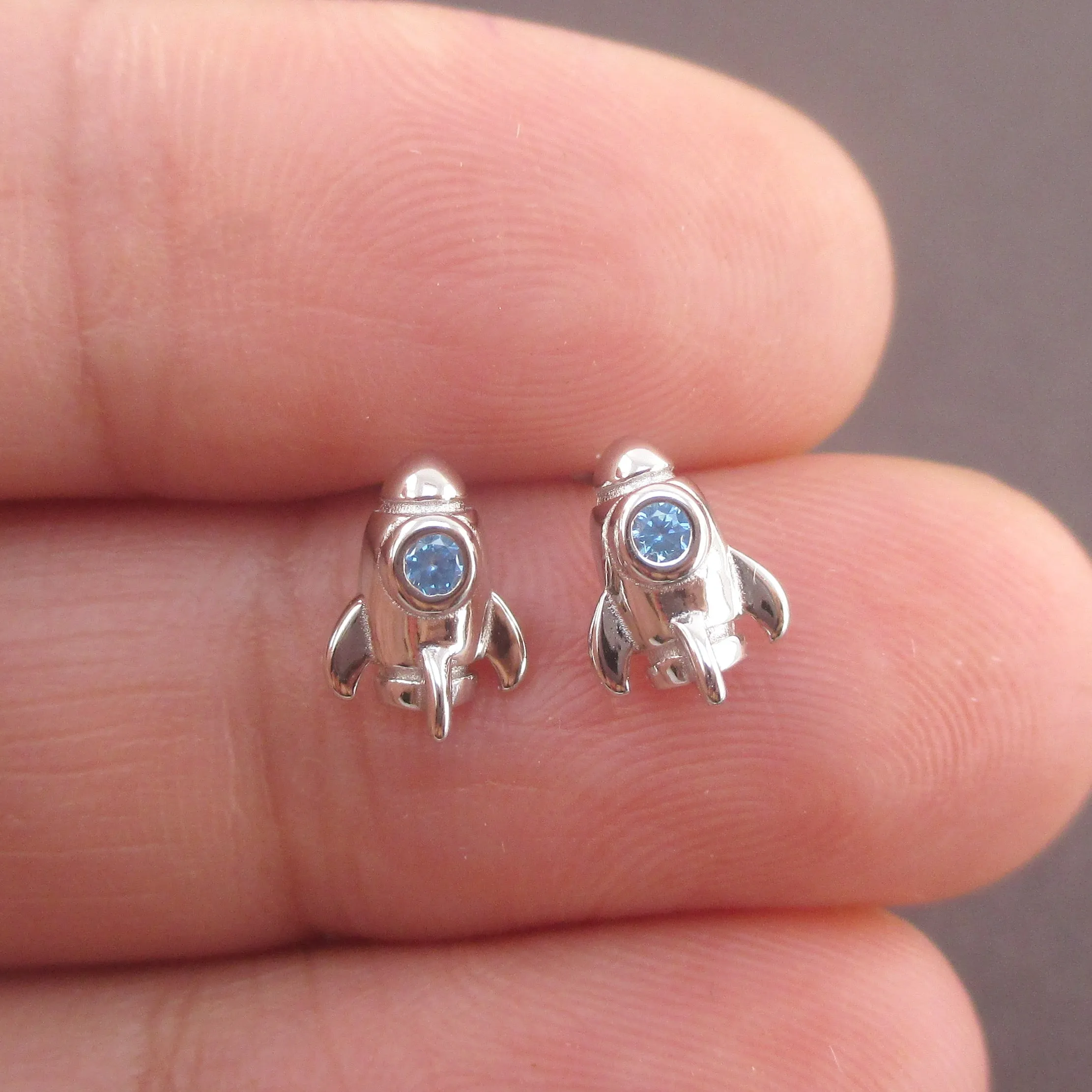 Tiny Spaceship Rocket Starship Shaped Outer Space Themed Stud Earrings in Sterling Silver