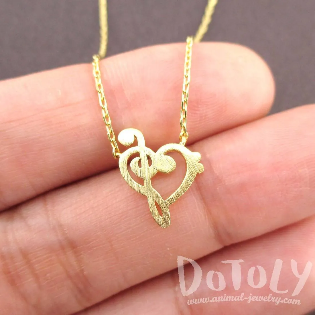 Treble and Bass Clef Heart Shaped Music Lovers Charm Necklace in Gold