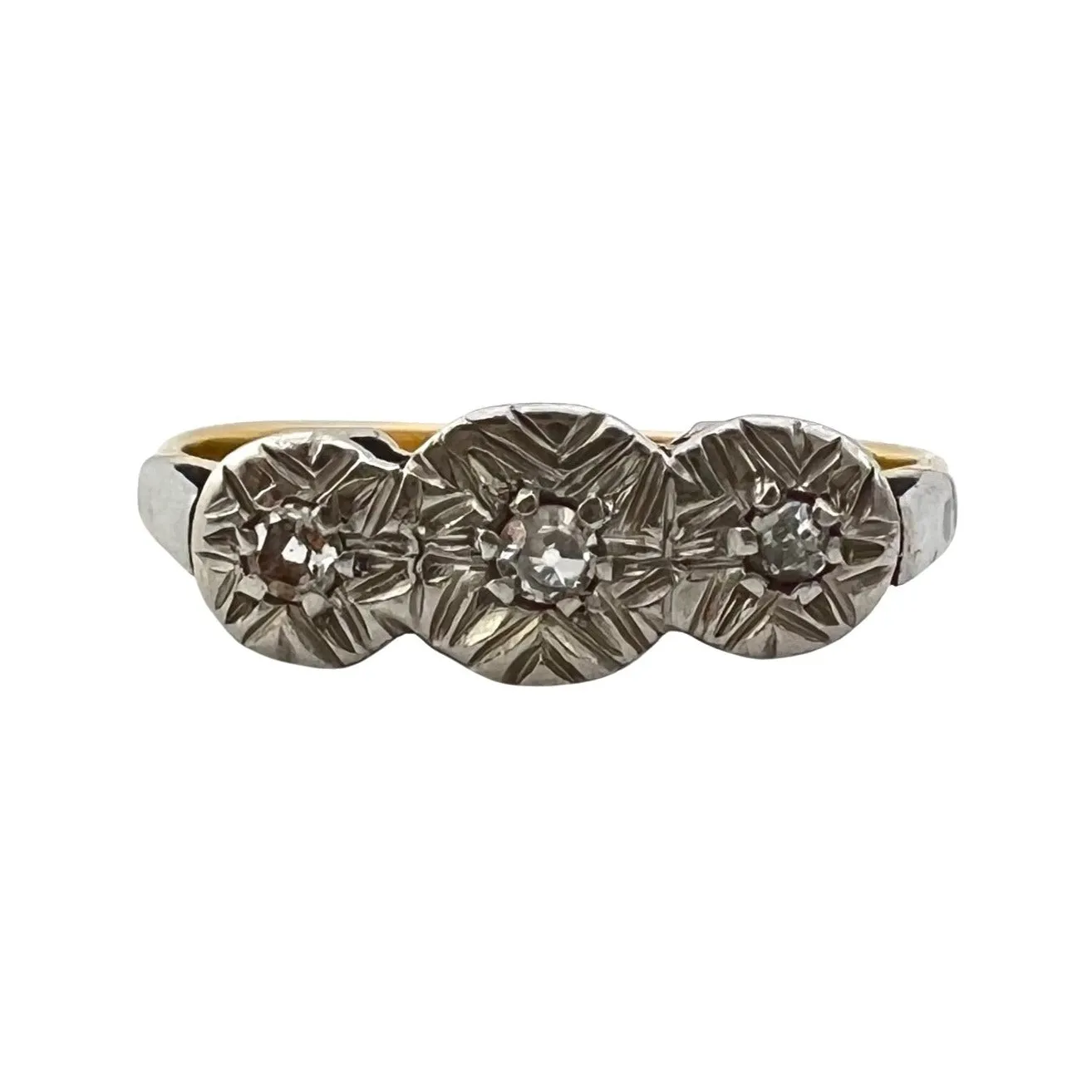 V I N T A G E // celestial portal / 18k yellow and white gold with diamonds starburst trilogy ring / size 6.25