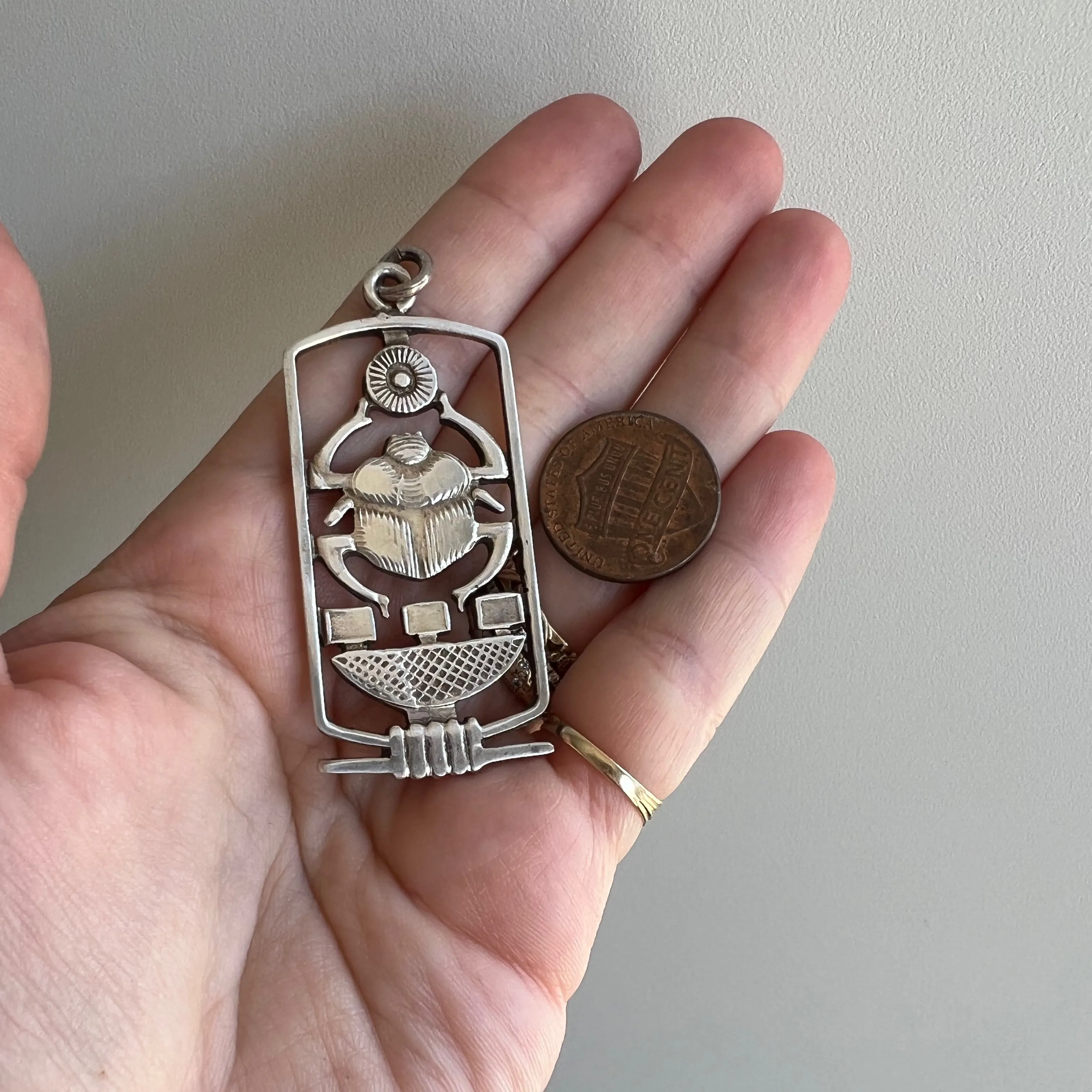 V I N T A G E // sun worship / Egyptian sterling silver scarab and sun cartouche / a large pendant