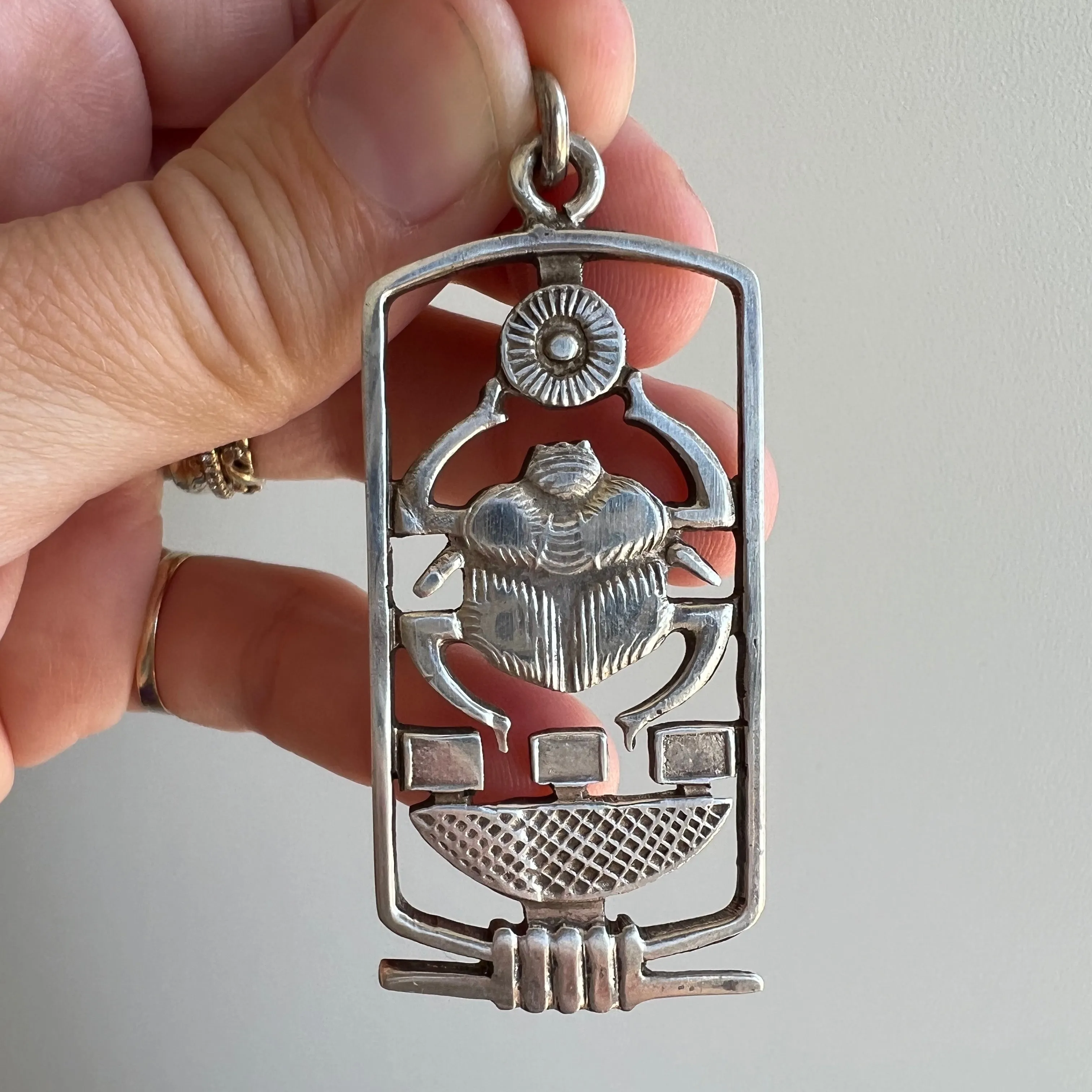 V I N T A G E // sun worship / Egyptian sterling silver scarab and sun cartouche / a large pendant