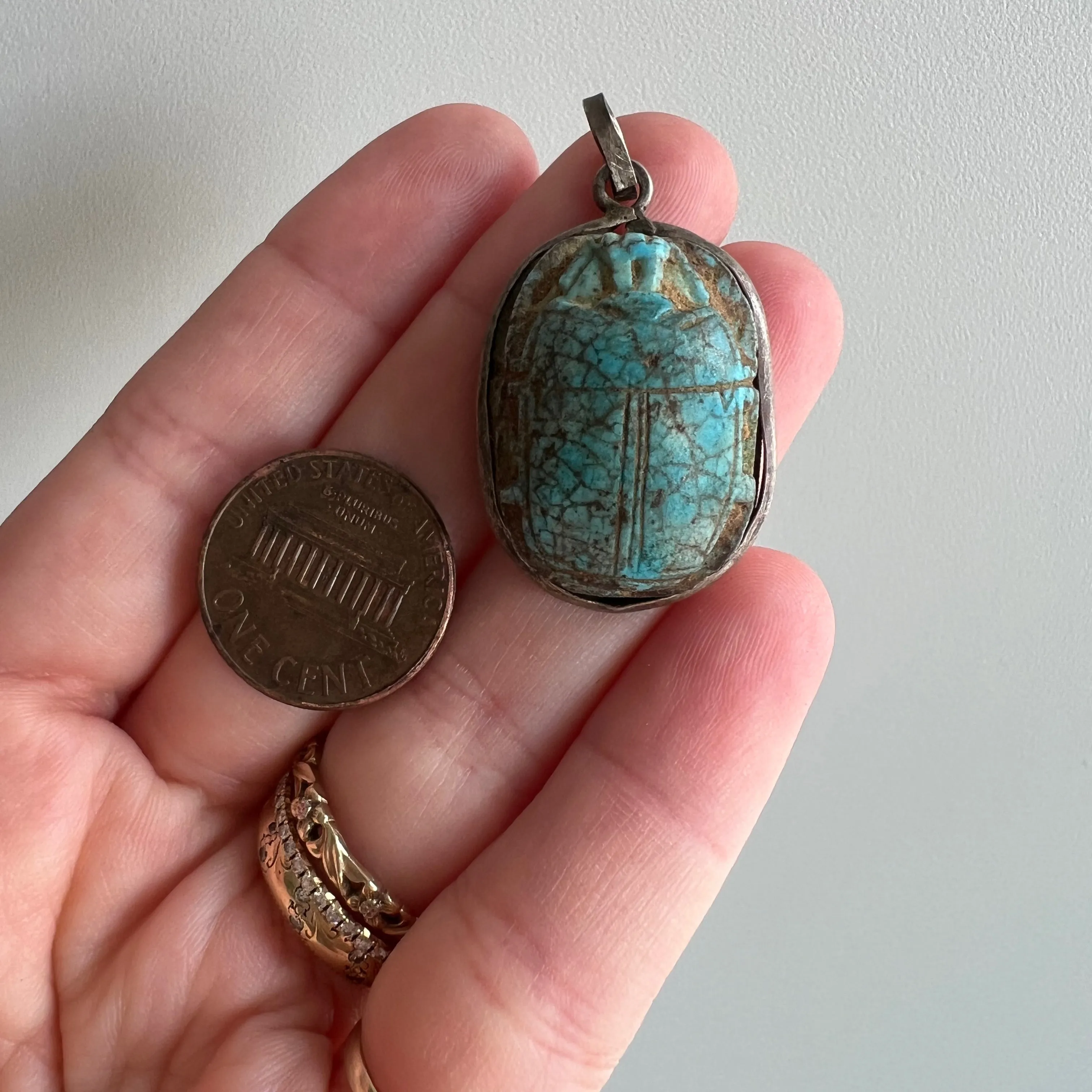 V I N T A G E // worldly beetle / very old carved turquoise scarab pendant in Egyptian sterling silver / a pendant