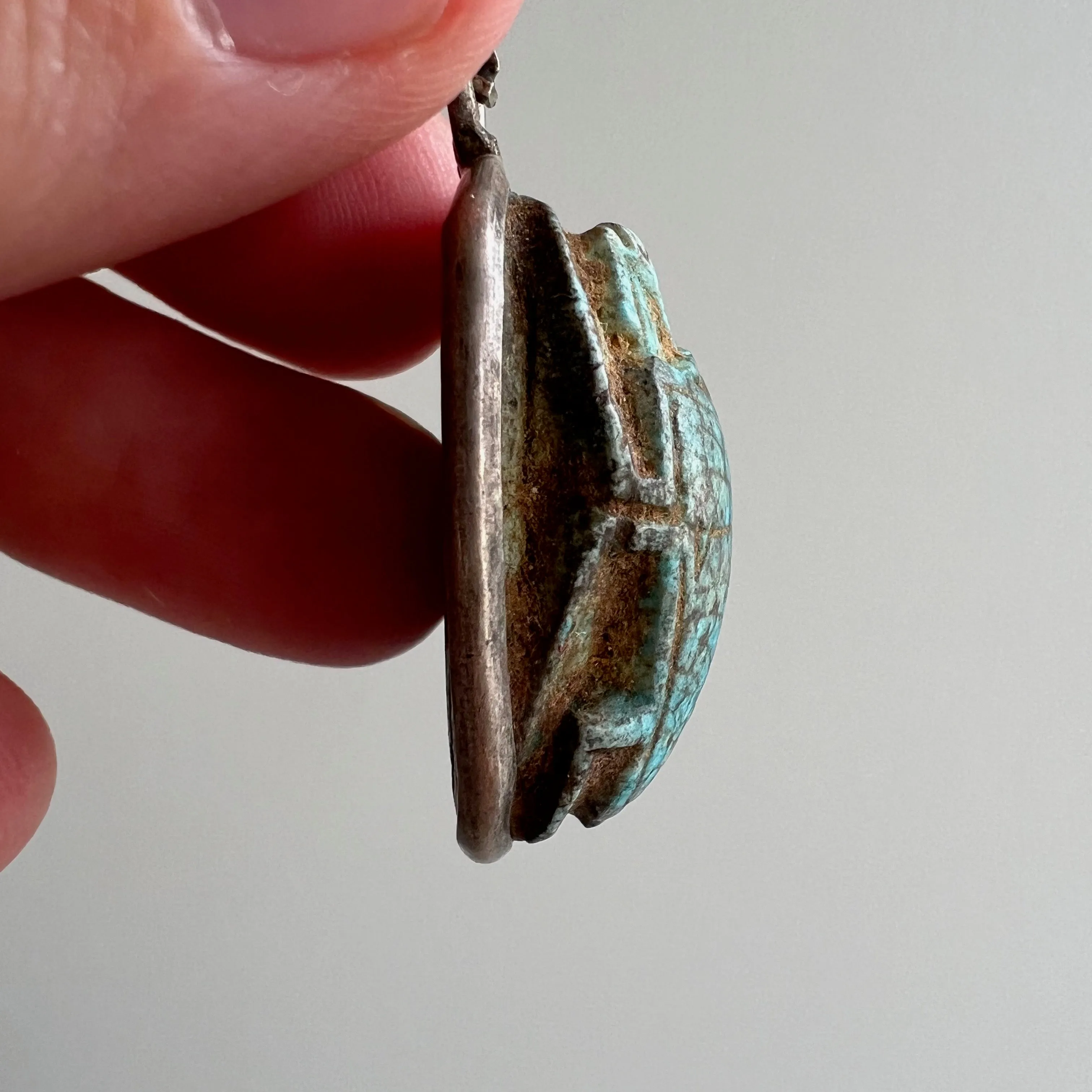 V I N T A G E // worldly beetle / very old carved turquoise scarab pendant in Egyptian sterling silver / a pendant