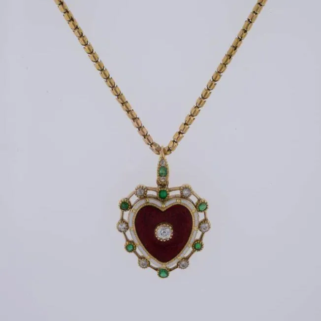 Victorian Diamond, Emerald & Enamel Heart Locket Pendant