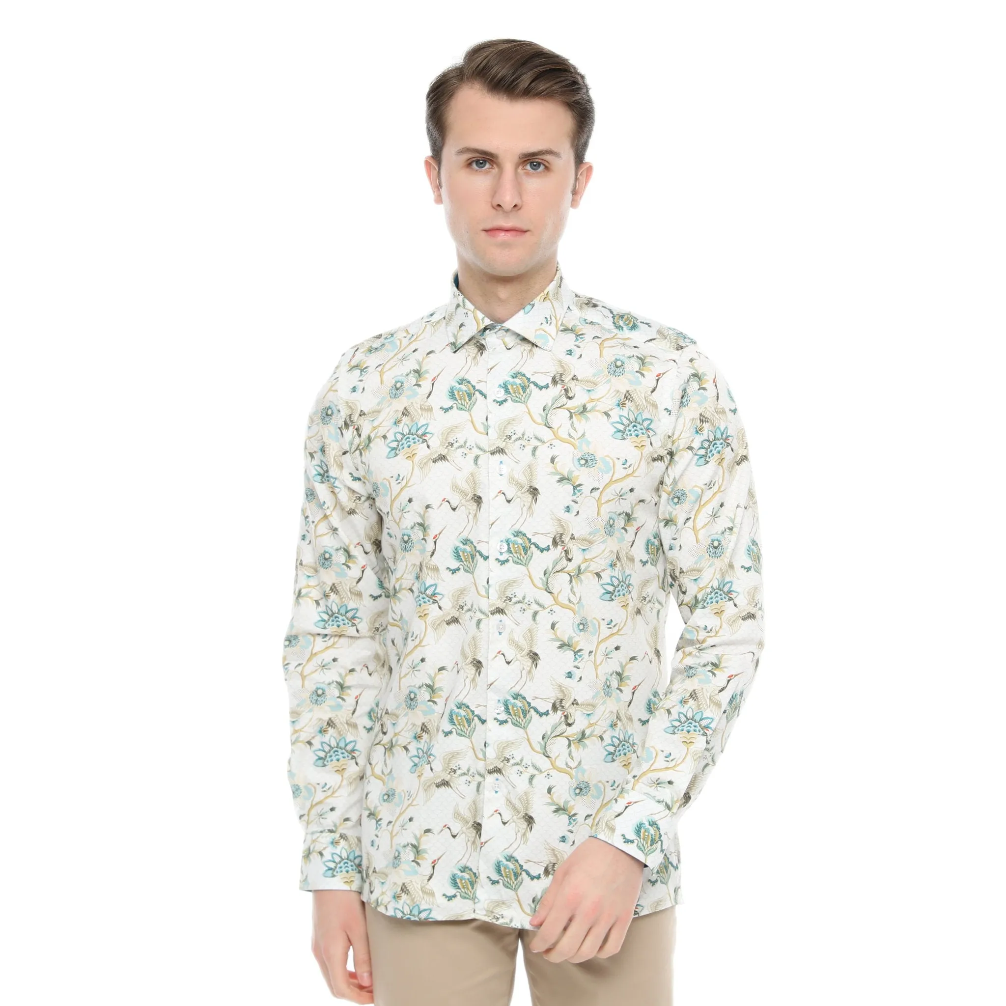 Xact Men's Crane Bird Print Long Sleeved Shirt, Regular Fit