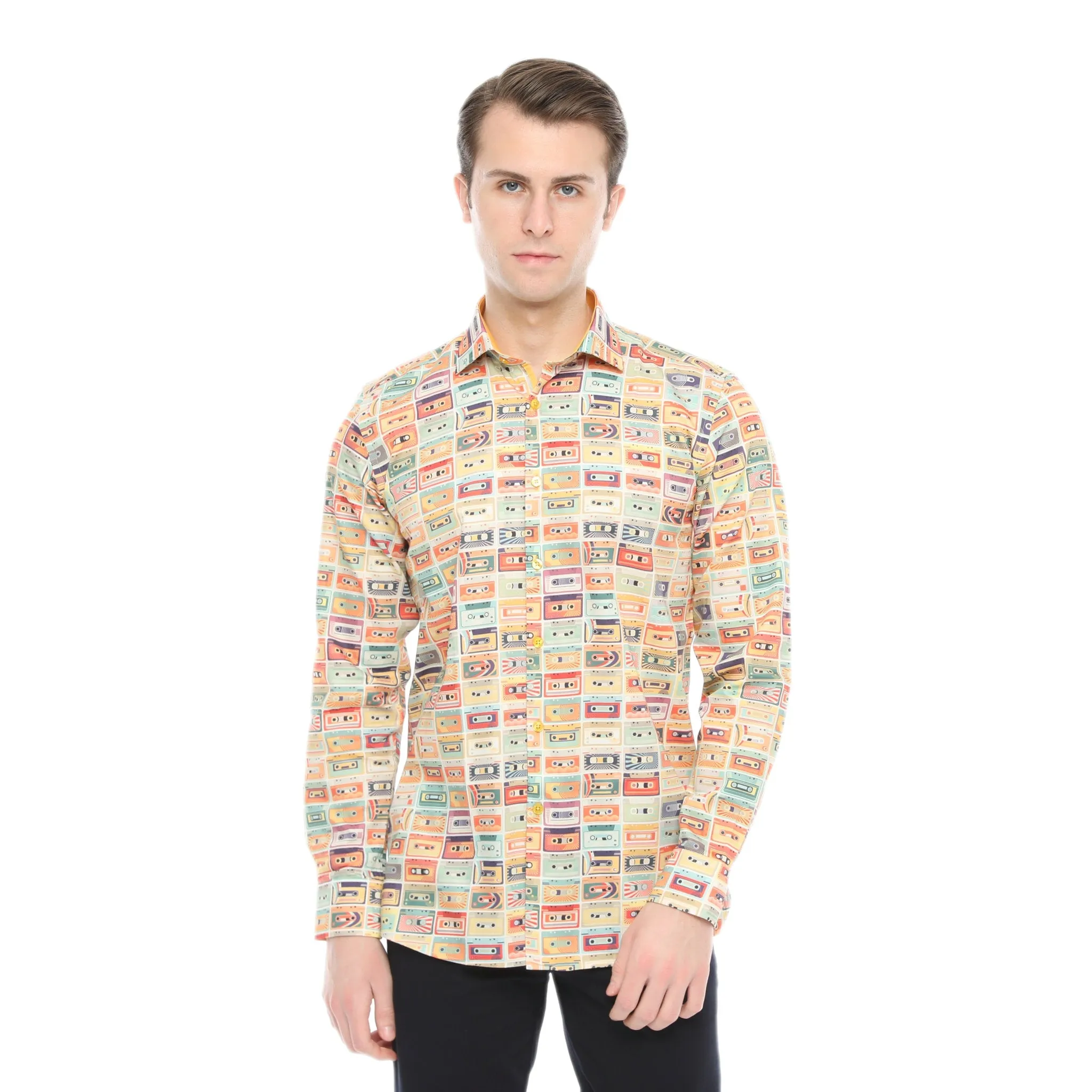 Xact Men's Retro Cassette Tape Print Long Sleeved Shirt, Regular Fit