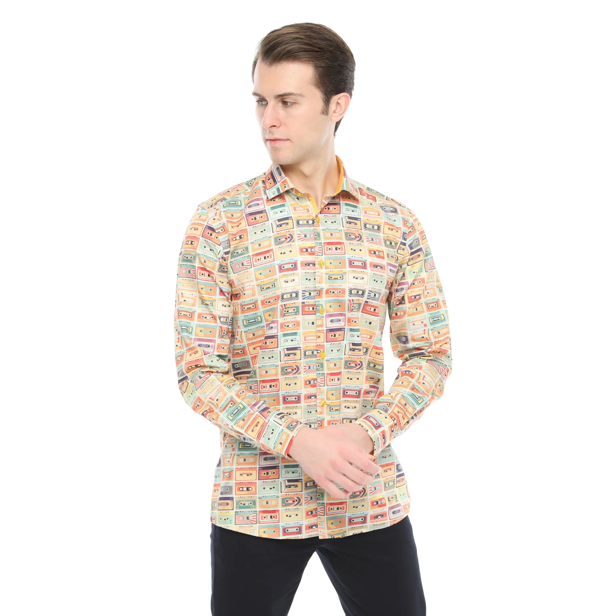 Xact Men's Retro Cassette Tape Print Long Sleeved Shirt, Regular Fit