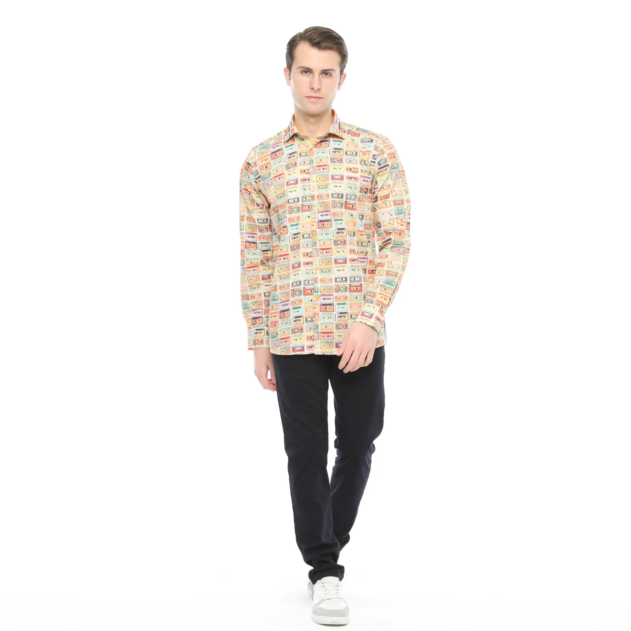 Xact Men's Retro Cassette Tape Print Long Sleeved Shirt, Regular Fit