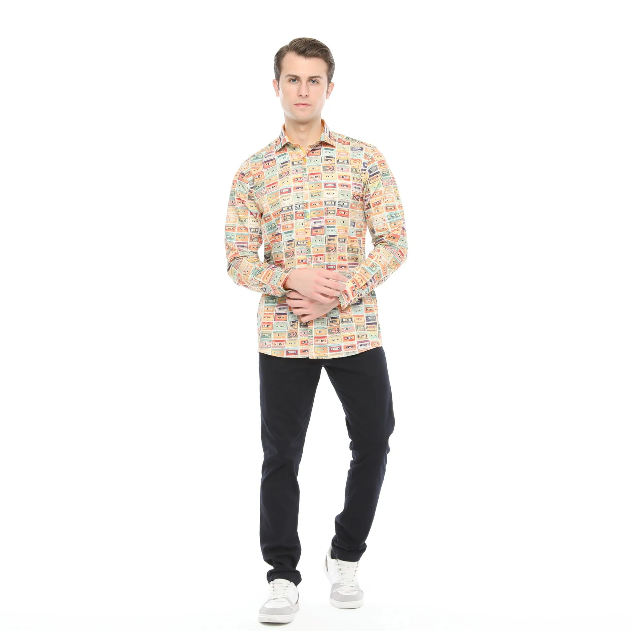 Xact Men's Retro Cassette Tape Print Long Sleeved Shirt, Regular Fit