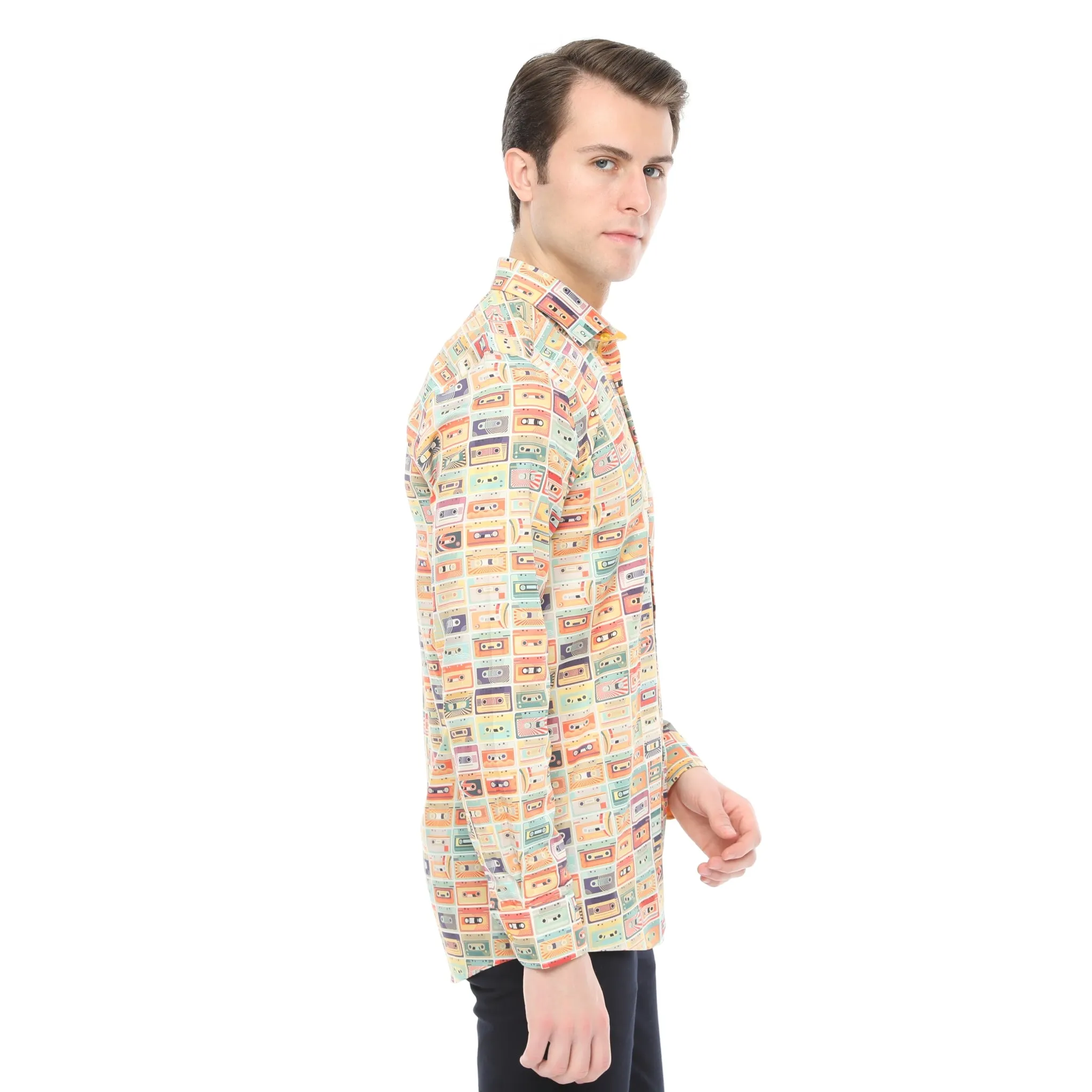 Xact Men's Retro Cassette Tape Print Long Sleeved Shirt, Regular Fit